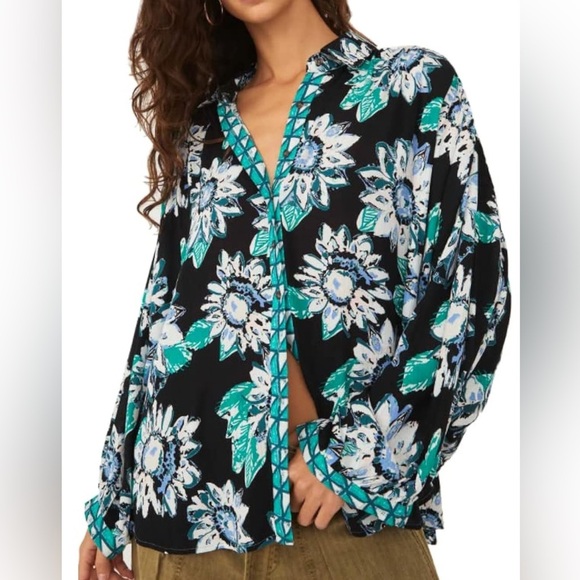 Free People - Good Vibrations Floral Teal Black Button Down Oversized Blouse XS - Picture 1 of 13